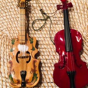 Set of 2 Painted Wooden and Red Violin Holiday Ornaments